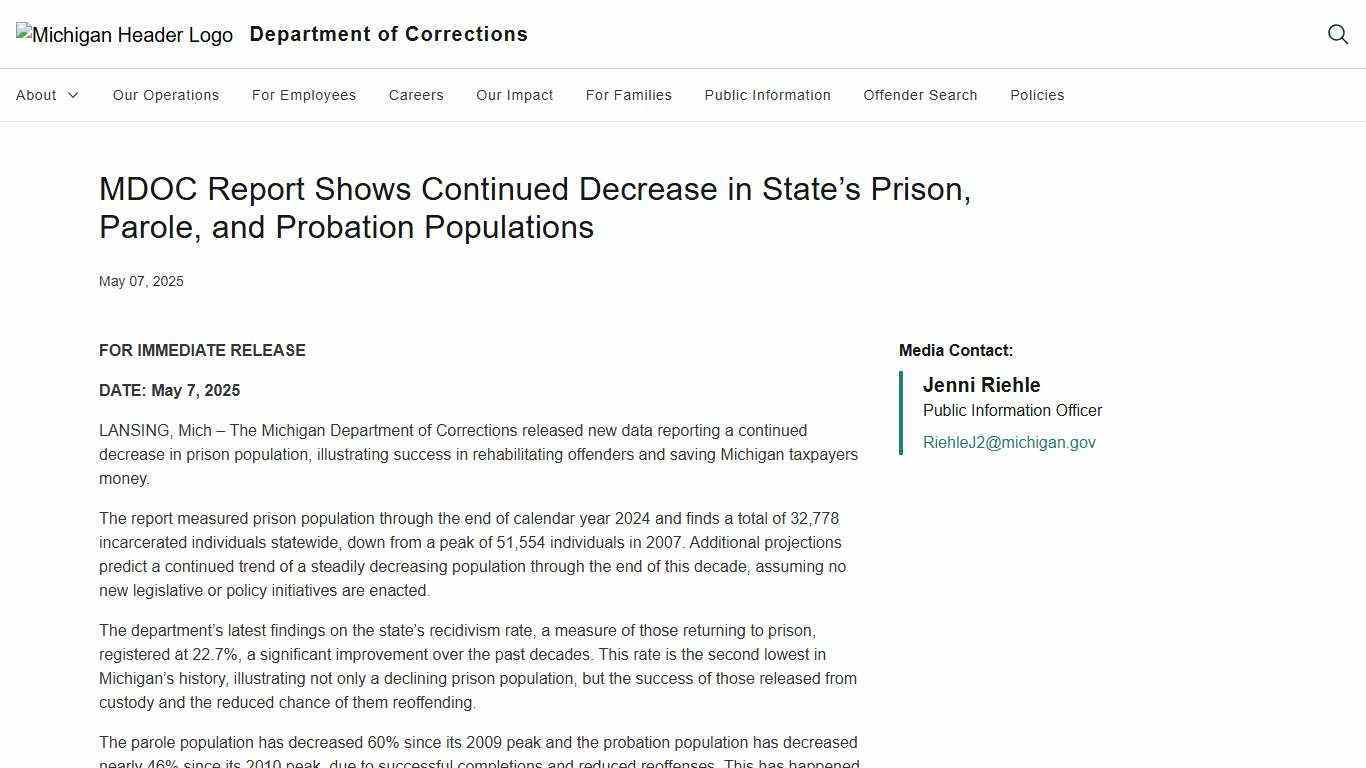 MDOC Report Shows Continued Decrease in State’s Prison, Parole, and Probation Populations